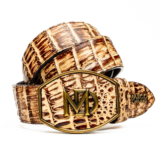 The Iowa Belt Stone Orix by Marco Di Milano features brown genuine crocodile leather, a gold "MD" buckle, and "Marco Di Milano" branding on the strap.