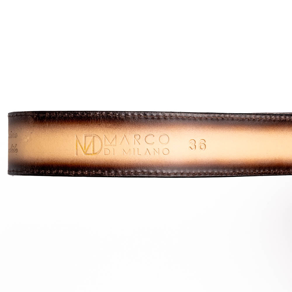 The Iowa Belt Stone Orix by Marco Di Milano features brown genuine crocodile leather, a gold "MD" buckle, and "Marco Di Milano" branding on the strap.