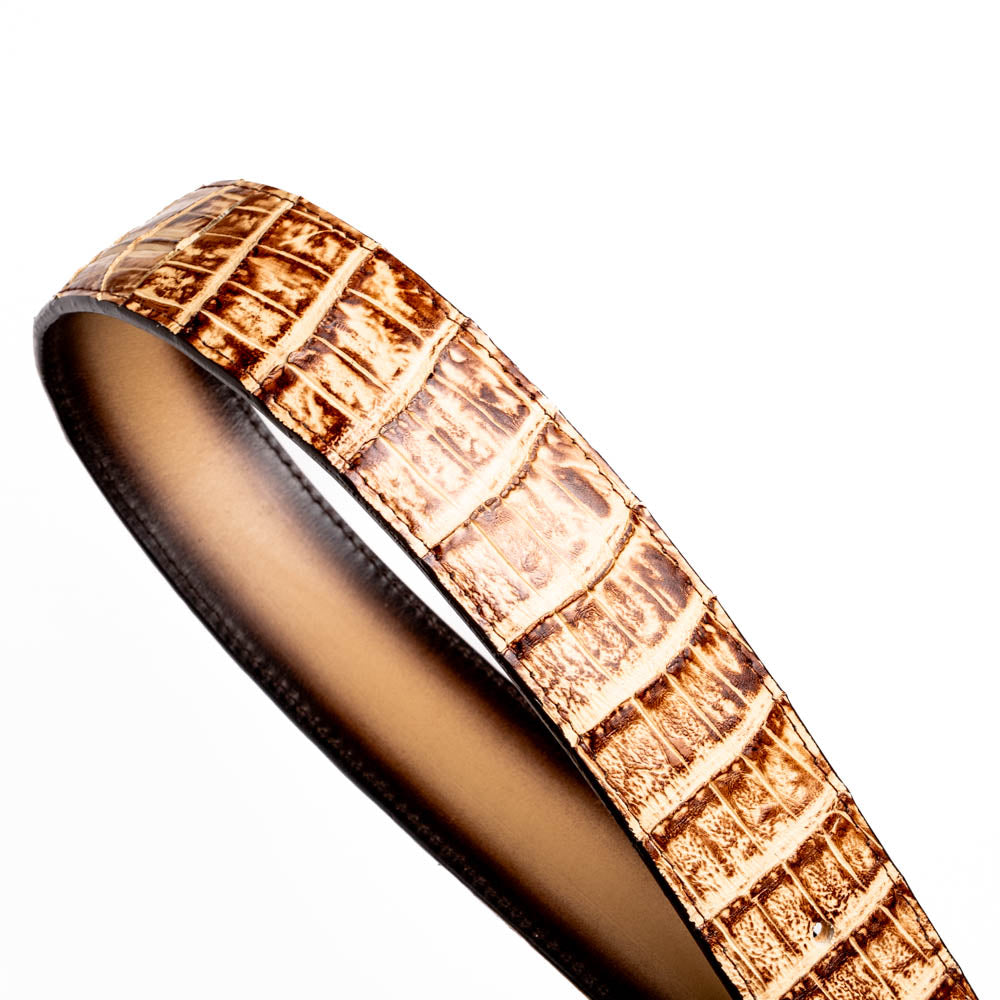 The Iowa Belt Stone Orix by Marco Di Milano features brown genuine crocodile leather, a gold "MD" buckle, and "Marco Di Milano" branding on the strap.