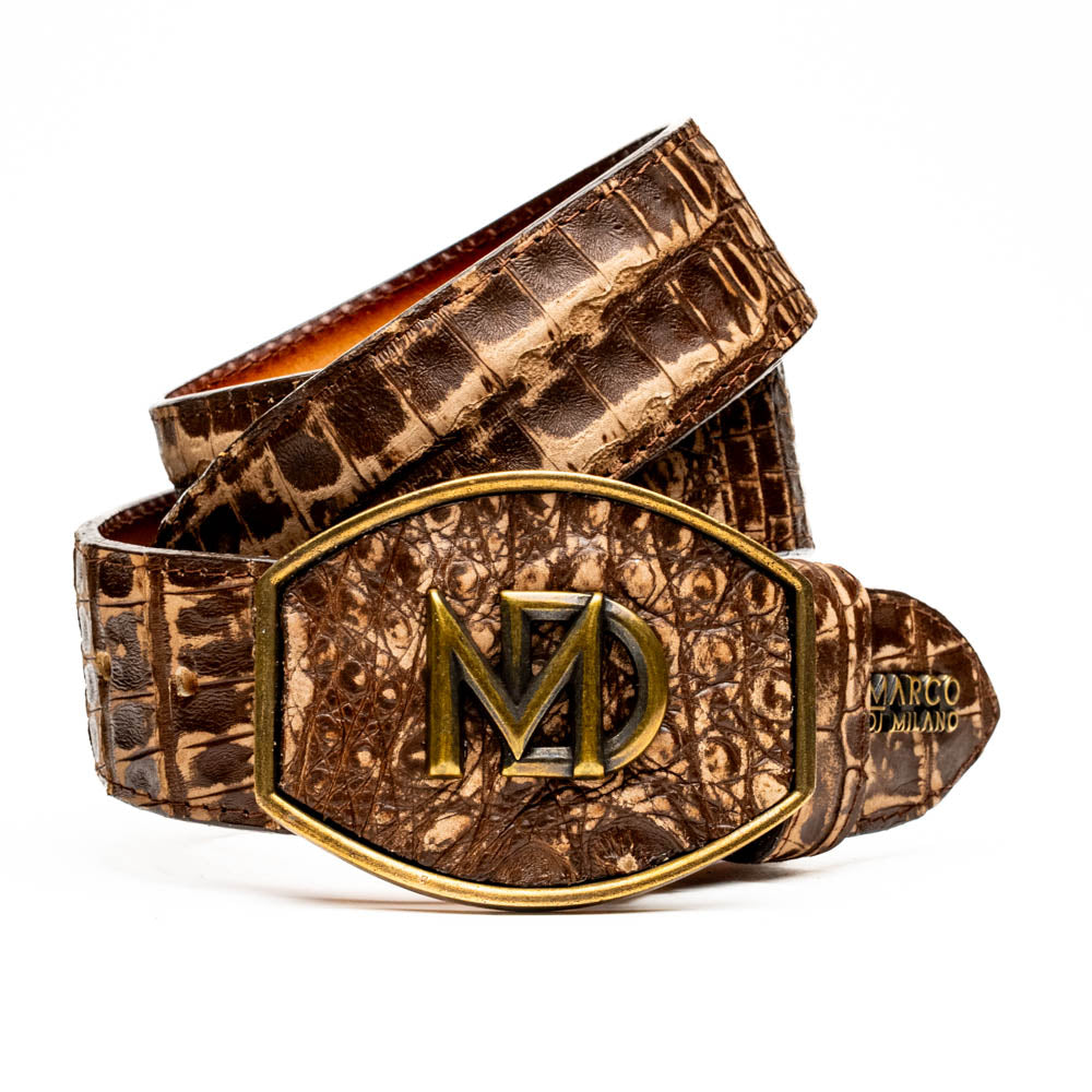 The Marco Di Milano Iowa Belt Stone Brown features genuine caiman crocodile leather, a gold "MD" buckle, and "Marco Milano" engraved on the side, evoking a classic western style against a white background.