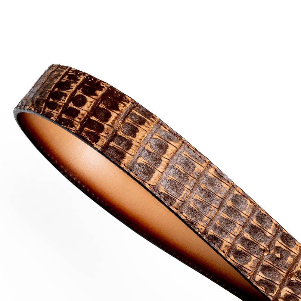 The Marco Di Milano Iowa Belt Stone Brown features genuine caiman crocodile leather, a gold "MD" buckle, and "Marco Milano" engraved on the side, evoking a classic western style against a white background.
