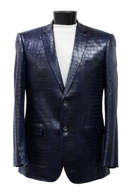 The Bassiri Blazer J1041-Navy by Bassiri boasts a shiny, textured pattern that pairs elegantly with a white shirt.