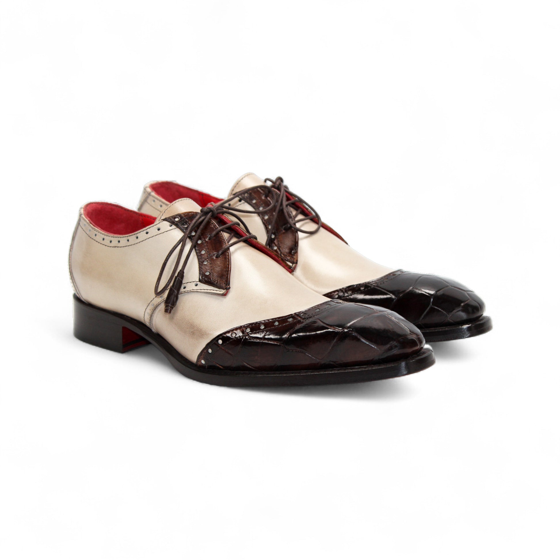 The Fennix of Italy Fennix Jax Brown/Beige is a luxury leather oxford with laces, wingtip detail, dark brown and beige tones, and a low heel, displayed on a white background.