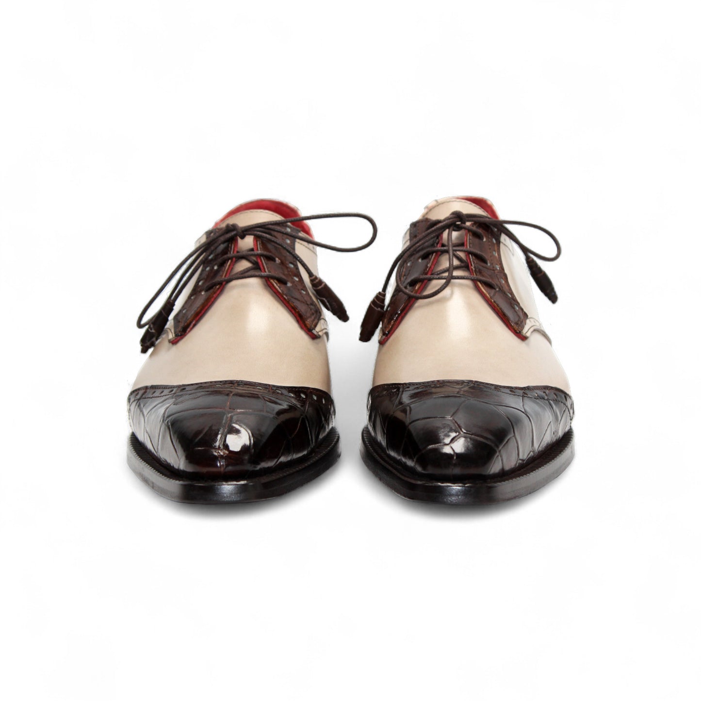 The Fennix of Italy Fennix Jax Brown/Beige is a luxury leather oxford with laces, wingtip detail, dark brown and beige tones, and a low heel, displayed on a white background.