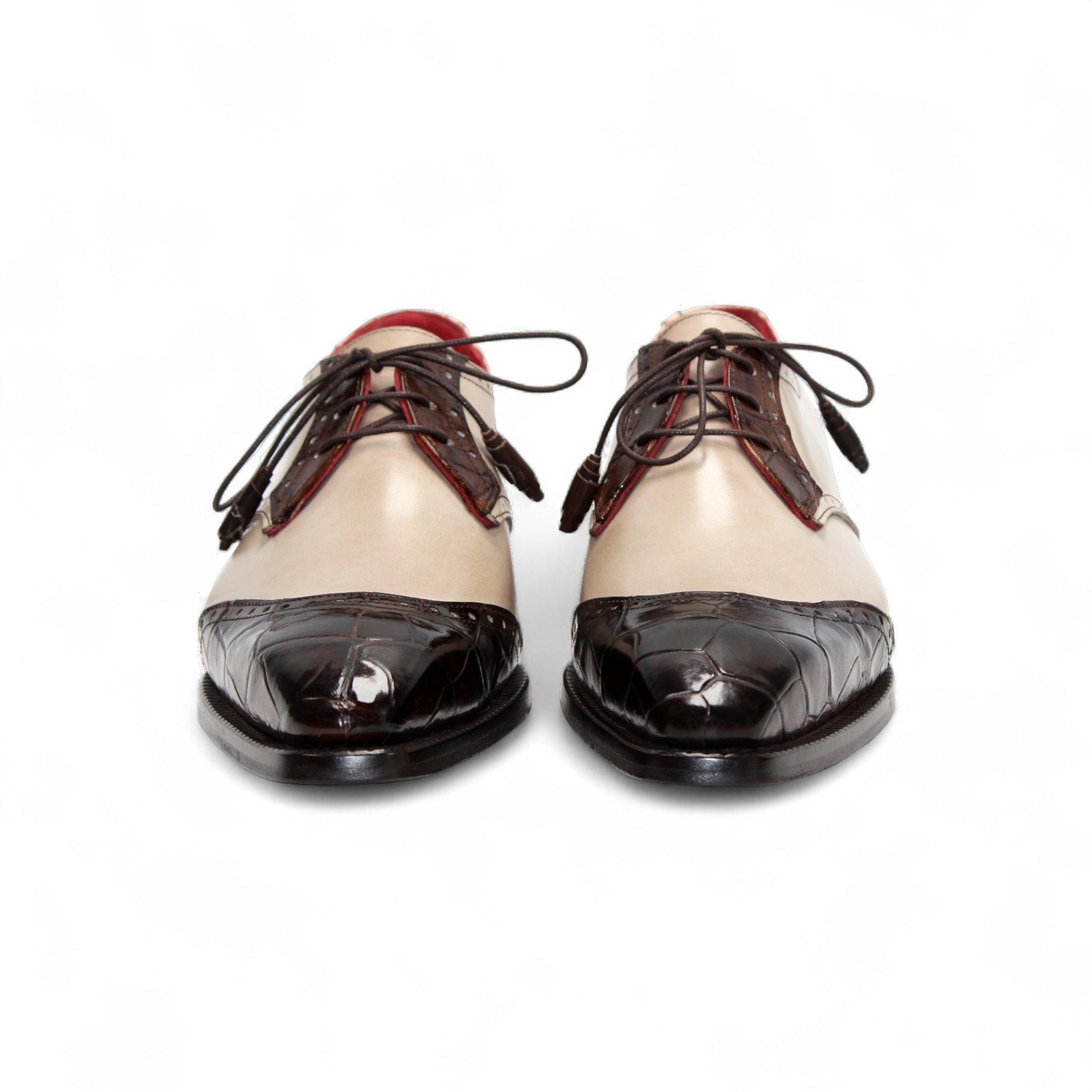The Fennix of Italy Fennix Jax Brown/Beige is a luxury leather oxford with laces, wingtip detail, dark brown and beige tones, and a low heel, displayed on a white background.