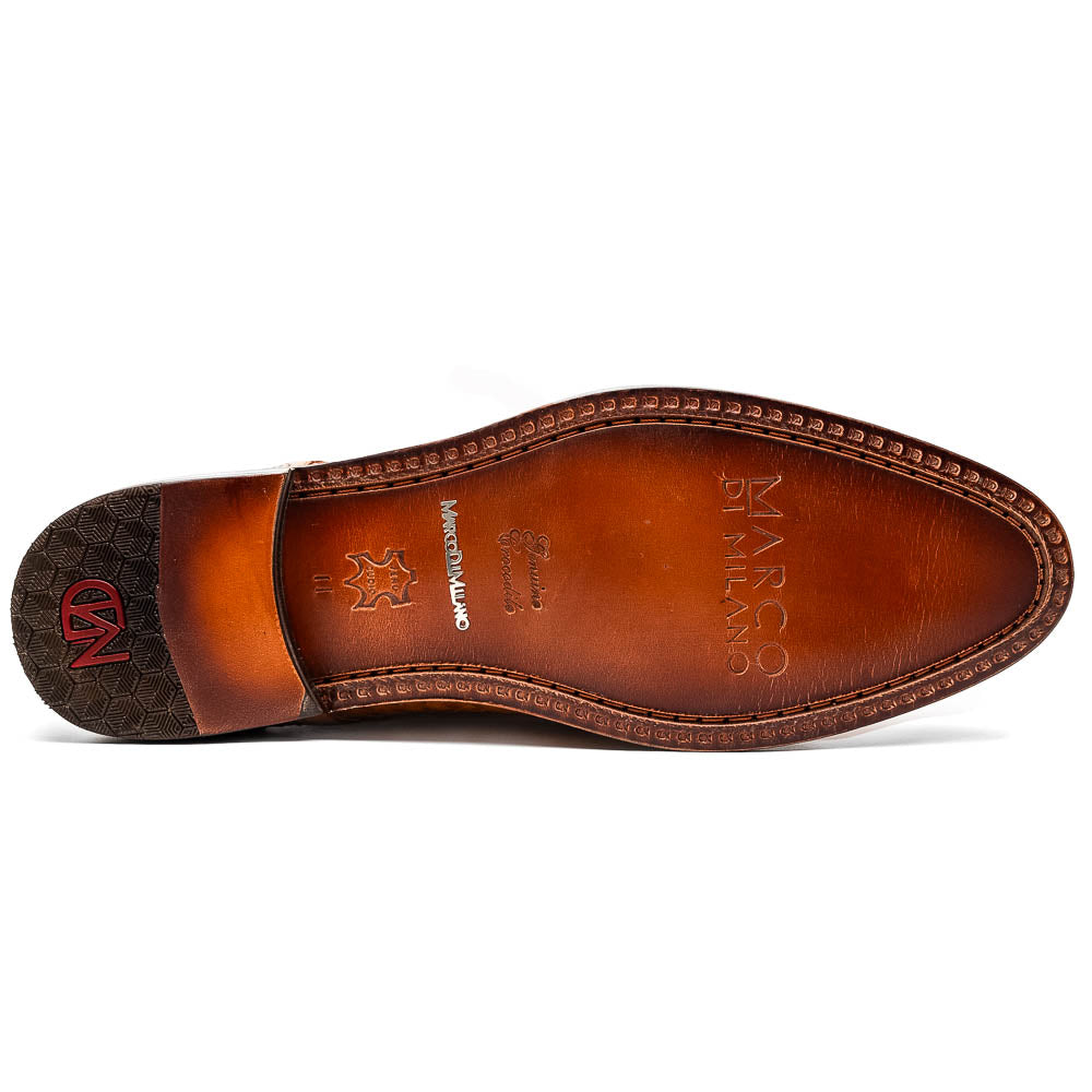 The John Brandy by Marco Di Milano is a pair of brown men’s oxford dress shoes with woven and textured leather, black laces, and stitched leather soles—ideal for those seeking luxury footwear.
