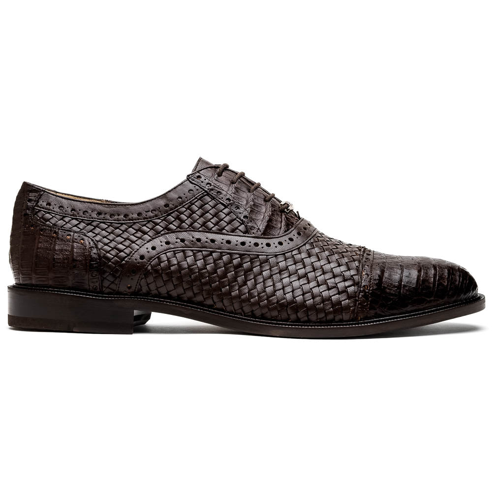 A pair of John Brown luxury dress oxfords by Marco Di Milano in brown woven calfskin leather with brogue detailing; one shoe upright, the other displays the sole and "Marco Di Milano" branding.