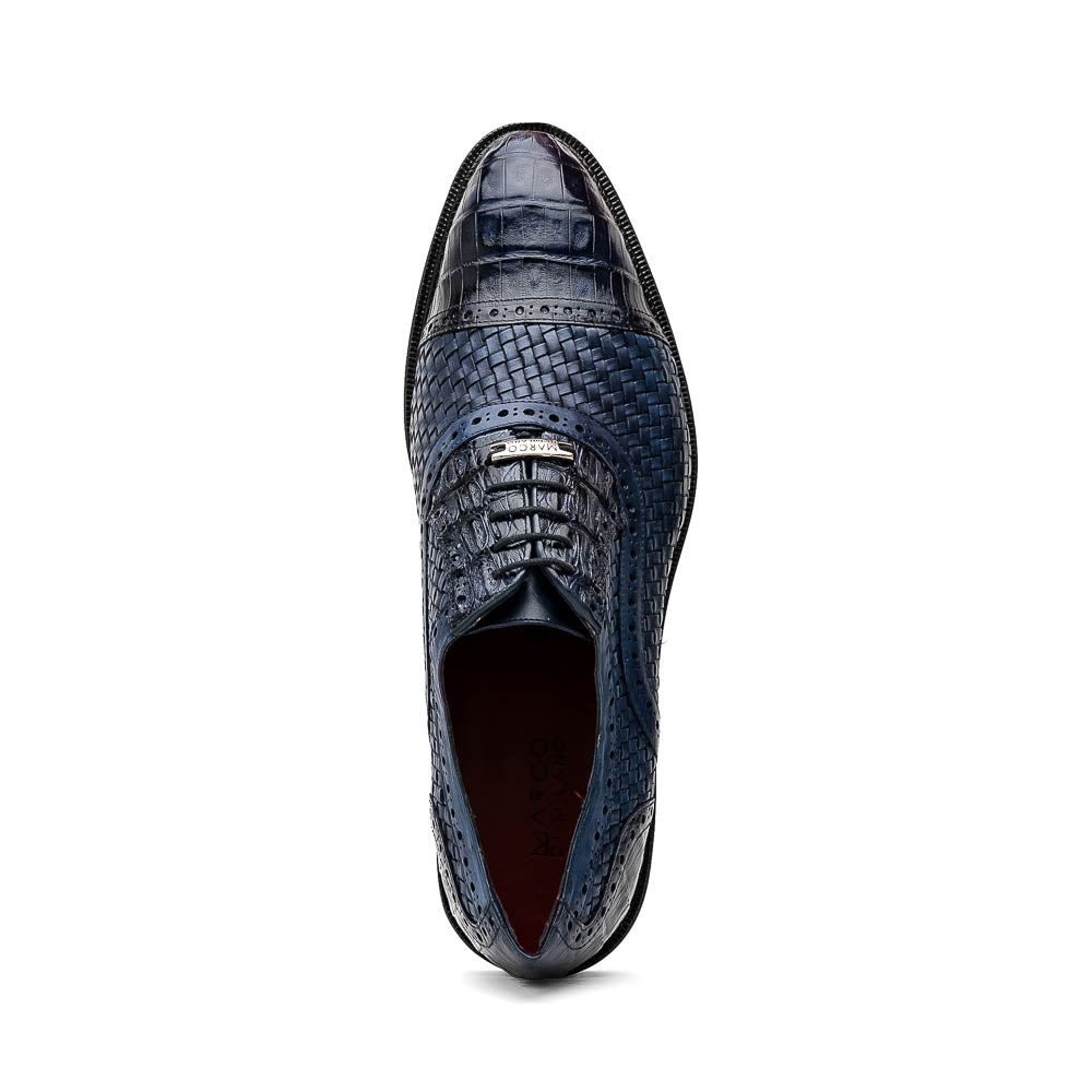 Introducing the Marco Di Milano John Navy: luxury dark blue woven oxford shoes in genuine caiman crocodile leather, with one shoe showing the sole and the other upright.