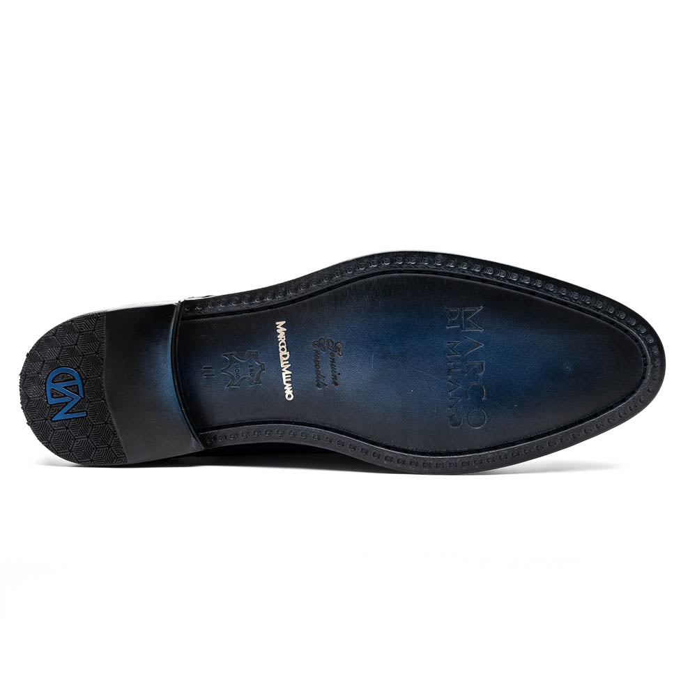 Introducing the Marco Di Milano John Navy: luxury dark blue woven oxford shoes in genuine caiman crocodile leather, with one shoe showing the sole and the other upright.