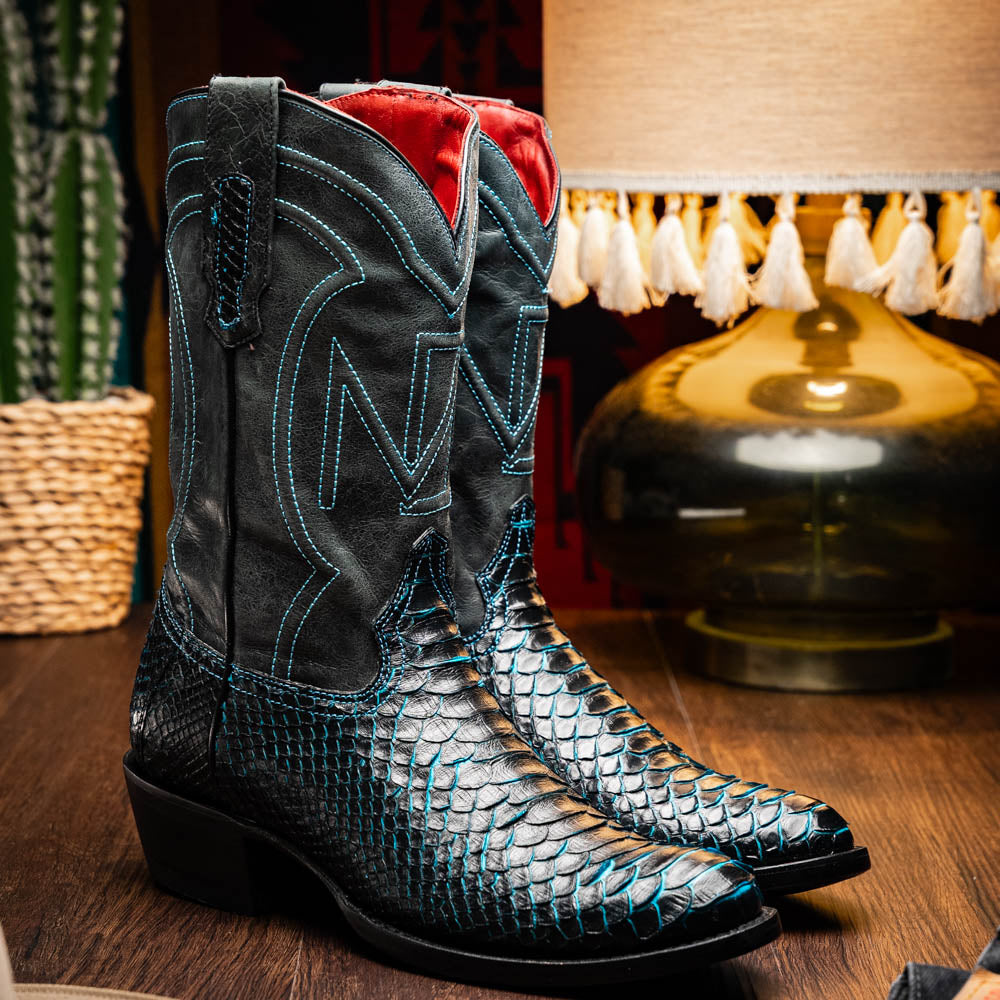 The Marco Di Milano Kansas Black / Blue boots feature black leather with blue stitching, a snakeskin texture, and branded soles—a luxurious handcrafted pair designed to stand out.