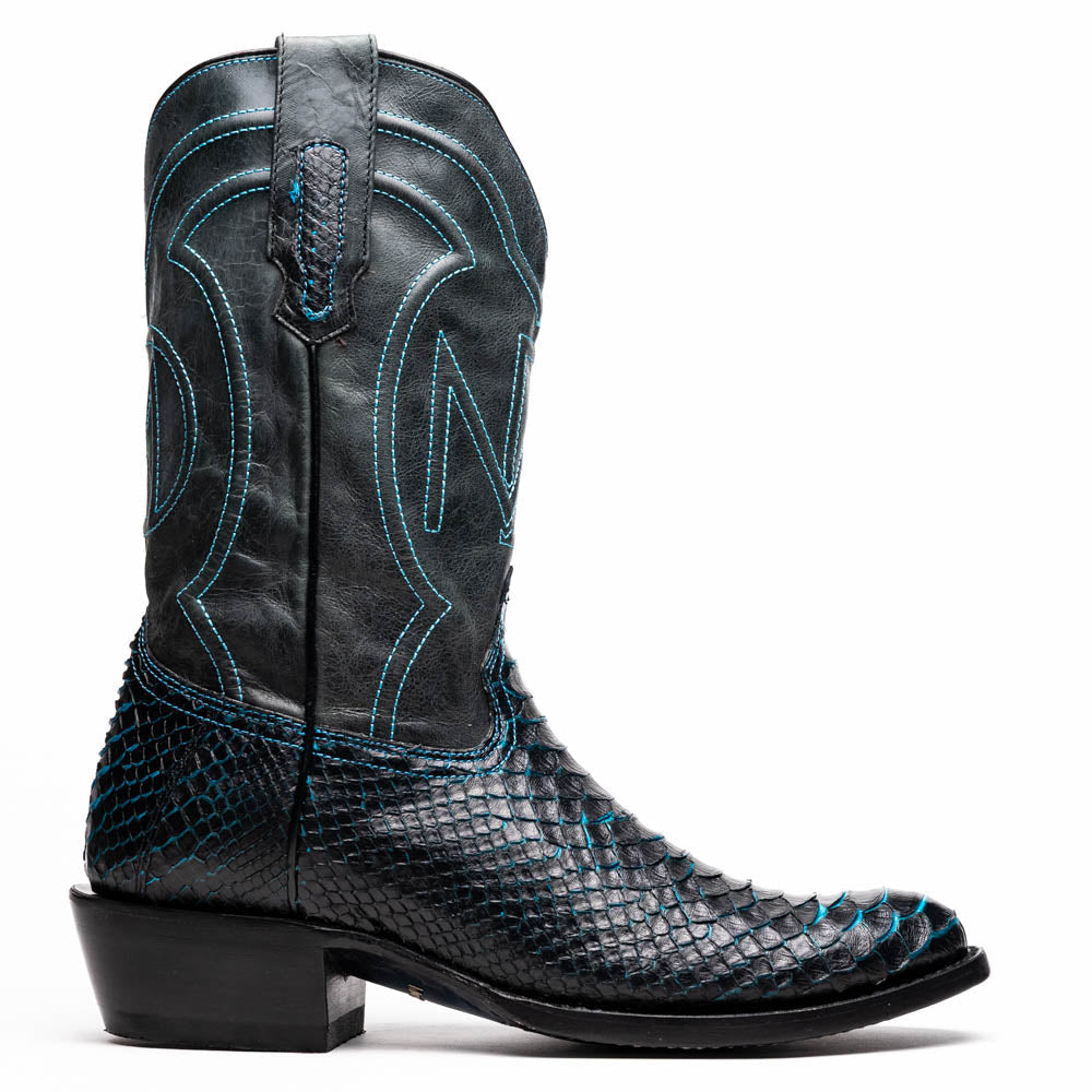 The Marco Di Milano Kansas Black / Blue boots feature black leather with blue stitching, a snakeskin texture, and branded soles—a luxurious handcrafted pair designed to stand out.