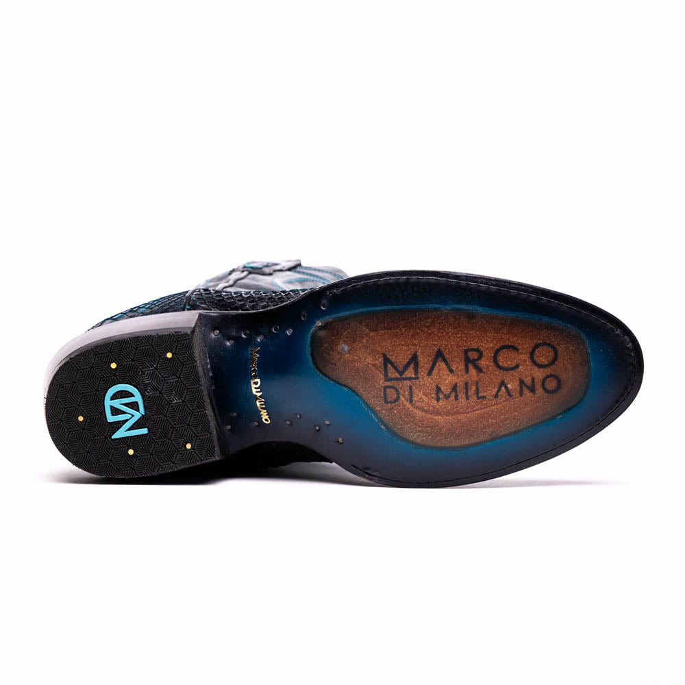 The Marco Di Milano Kansas Black / Blue boots feature black leather with blue stitching, a snakeskin texture, and branded soles—a luxurious handcrafted pair designed to stand out.
