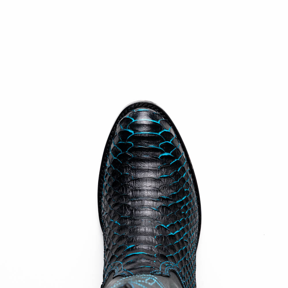 The Marco Di Milano Kansas Black / Blue boots feature black leather with blue stitching, a snakeskin texture, and branded soles—a luxurious handcrafted pair designed to stand out.
