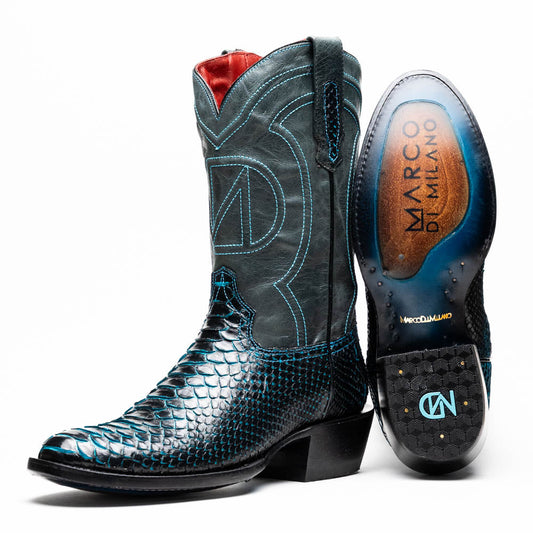 The Marco Di Milano Kansas Black / Blue boots feature black leather with blue stitching, a snakeskin texture, and branded soles—a luxurious handcrafted pair designed to stand out.