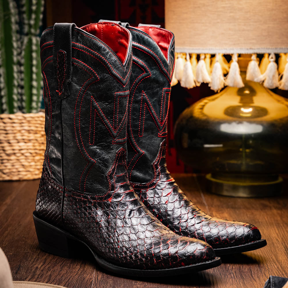 The Kansas BlackCherry boots by Marco Di Milano feature black and red textured python scales, red stitching, and branded soles—crafted as genuine python western boots for a bold statement.