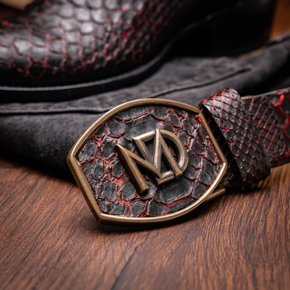 The Kansas BlackCherry boots by Marco Di Milano feature black and red textured python scales, red stitching, and branded soles—crafted as genuine python western boots for a bold statement.
