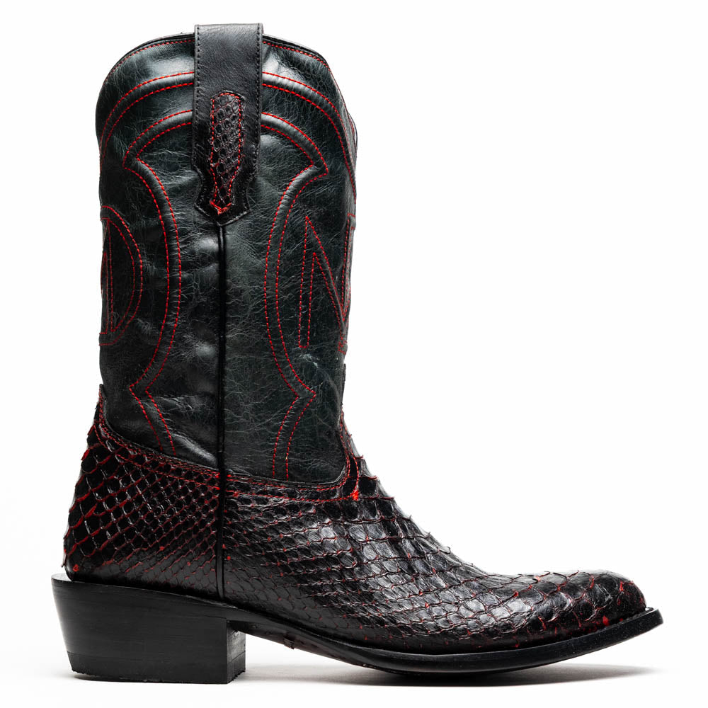 The Kansas BlackCherry boots by Marco Di Milano feature black and red textured python scales, red stitching, and branded soles—crafted as genuine python western boots for a bold statement.