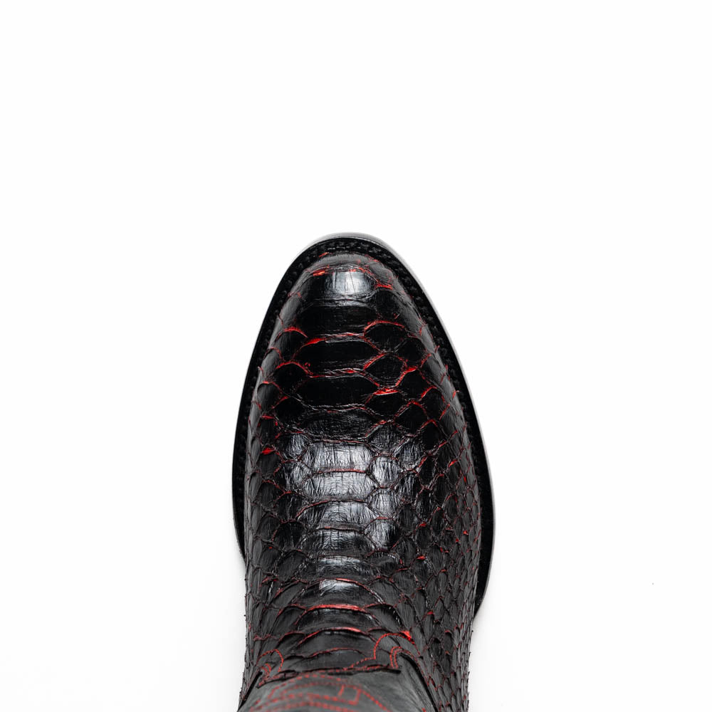 The Kansas BlackCherry boots by Marco Di Milano feature black and red textured python scales, red stitching, and branded soles—crafted as genuine python western boots for a bold statement.