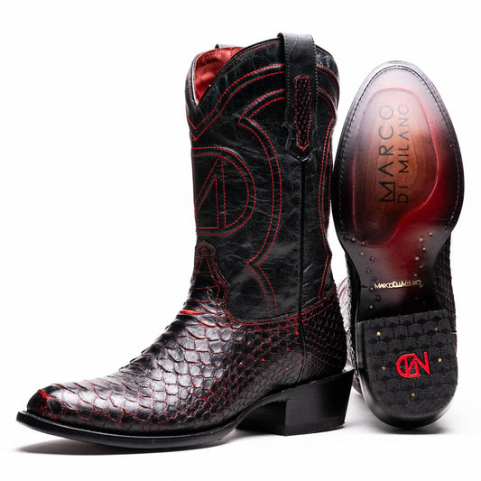 The Kansas BlackCherry boots by Marco Di Milano feature black and red textured python scales, red stitching, and branded soles—crafted as genuine python western boots for a bold statement.