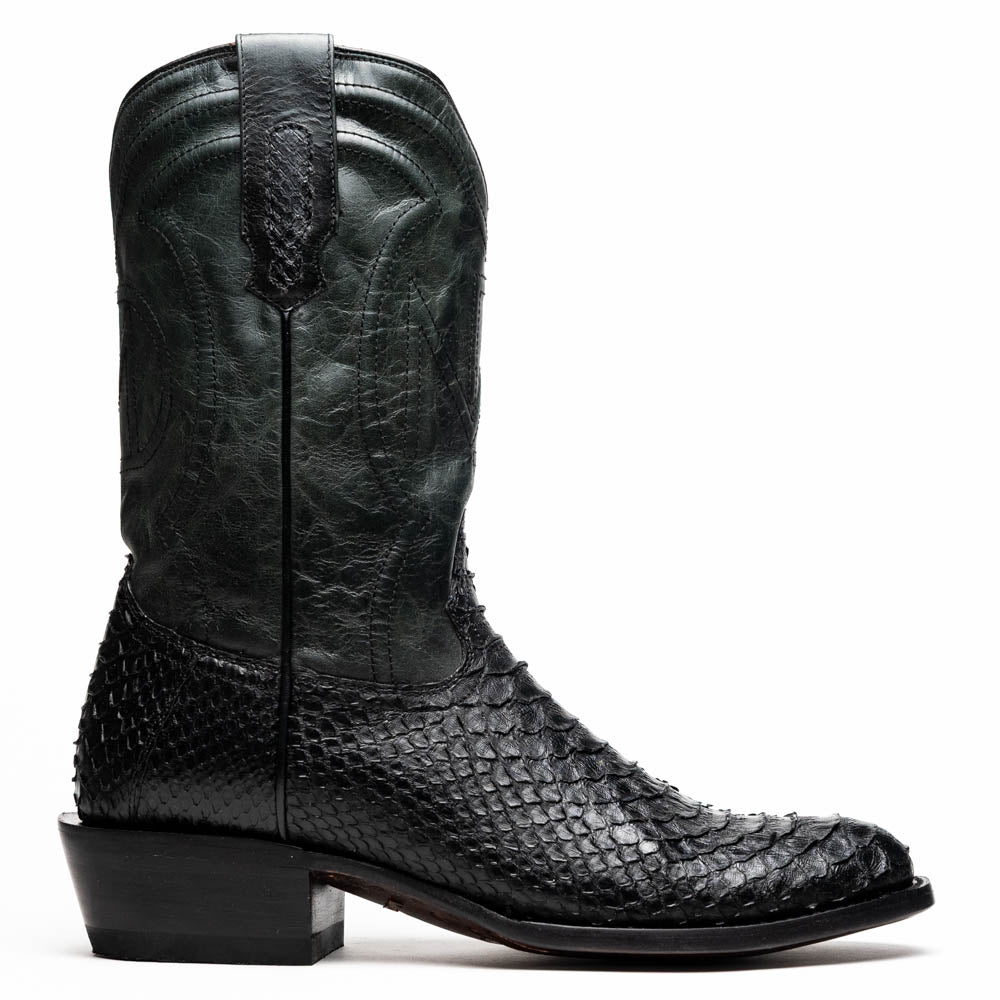A pair of Kansas Black genuine python boots by Marco Di Milano, one upright and one on its side showing the branded sole.