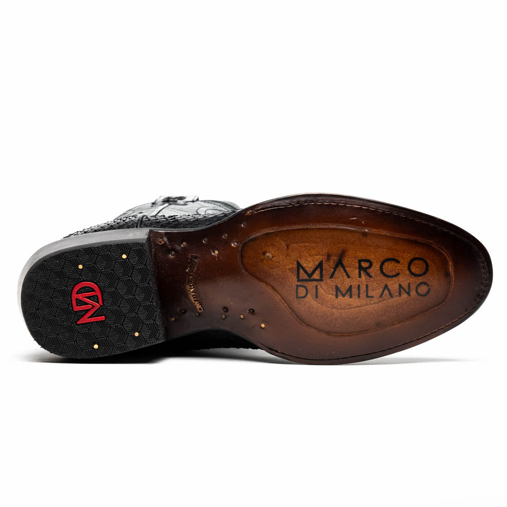 A pair of Kansas Black genuine python boots by Marco Di Milano, one upright and one on its side showing the branded sole.