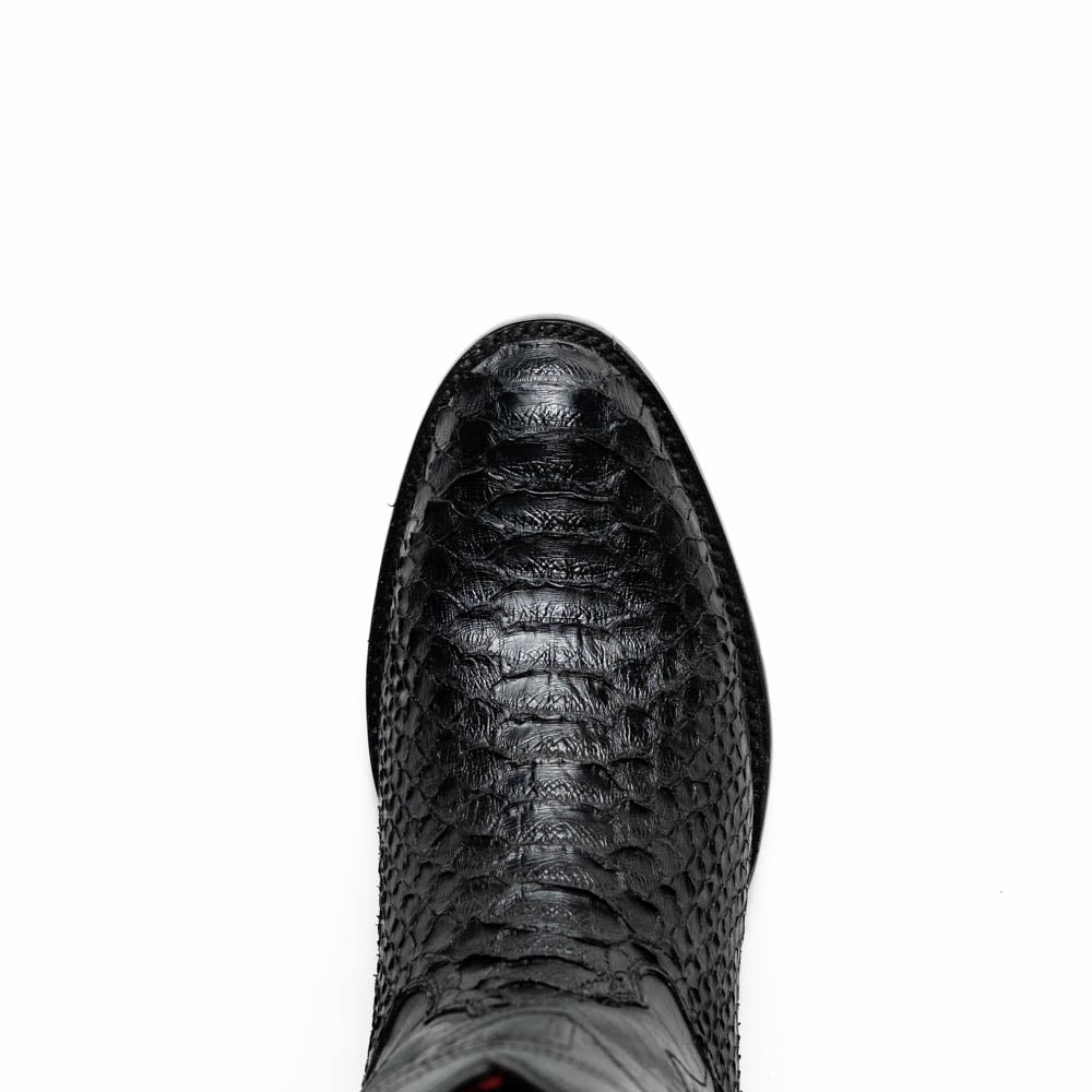 A pair of Kansas Black genuine python boots by Marco Di Milano, one upright and one on its side showing the branded sole.