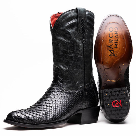 A pair of Kansas Black genuine python boots by Marco Di Milano, one upright and one on its side showing the branded sole.