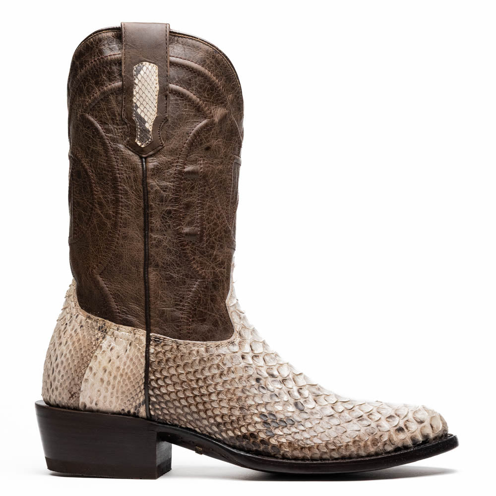 Marco Di Milano's Kansas Natural boots feature white python skin on the foot and brown textured leather on the shaft; one boot stands upright, while the other shows the branded sole.
