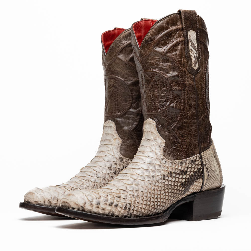 Marco Di Milano's Kansas Natural boots feature white python skin on the foot and brown textured leather on the shaft; one boot stands upright, while the other shows the branded sole.