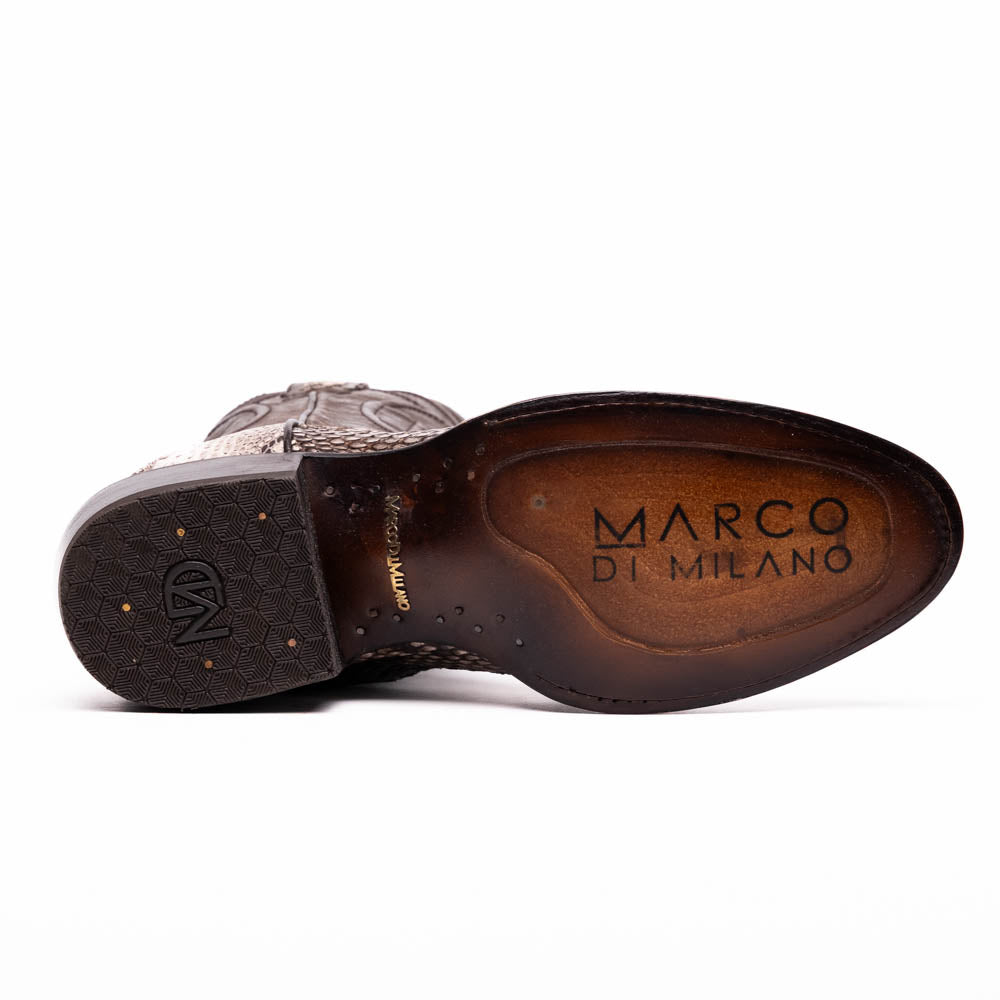 Marco Di Milano's Kansas Natural boots feature white python skin on the foot and brown textured leather on the shaft; one boot stands upright, while the other shows the branded sole.