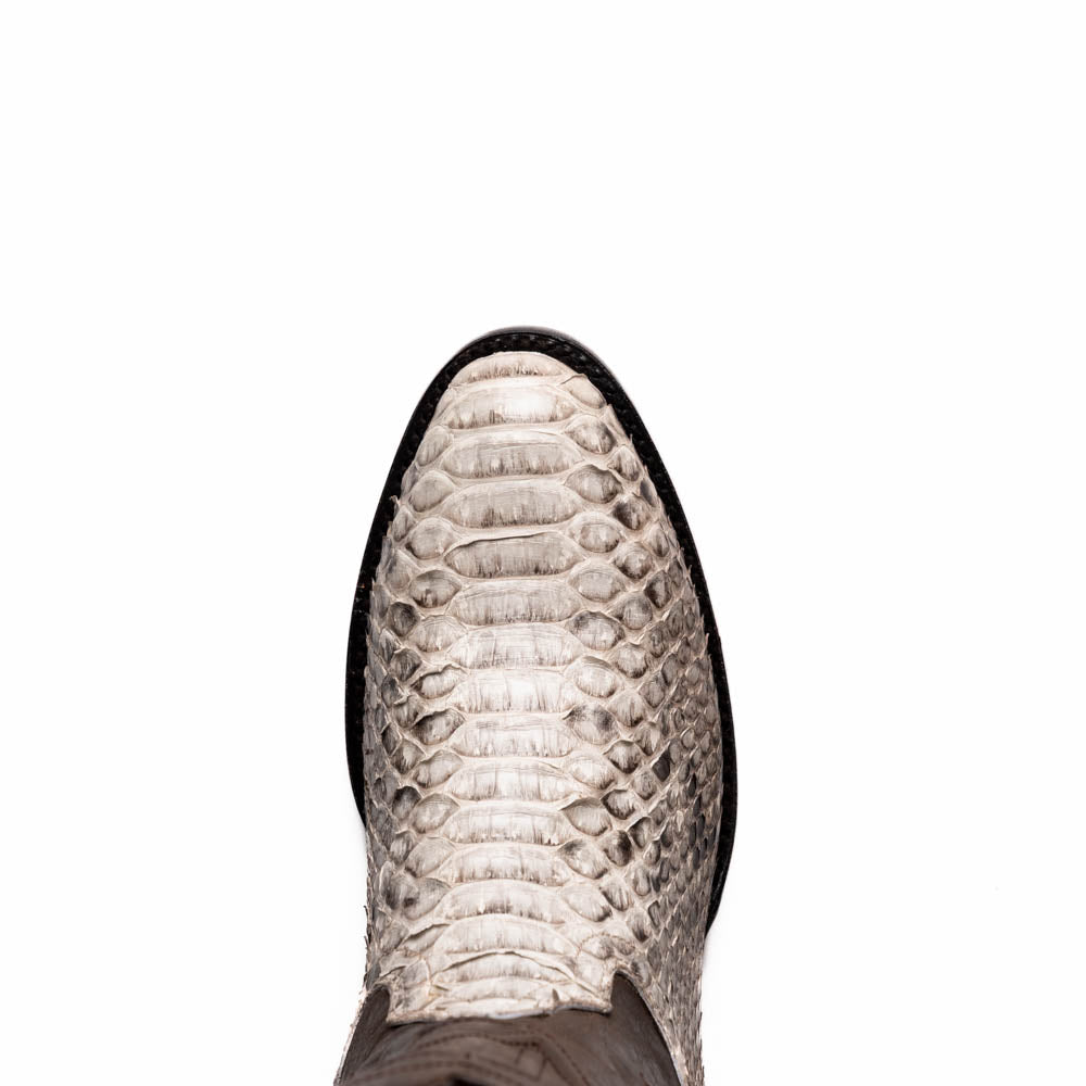 Marco Di Milano's Kansas Natural boots feature white python skin on the foot and brown textured leather on the shaft; one boot stands upright, while the other shows the branded sole.