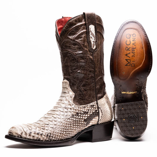 Marco Di Milano's Kansas Natural boots feature white python skin on the foot and brown textured leather on the shaft; one boot stands upright, while the other shows the branded sole.