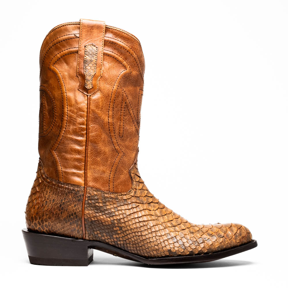 A pair of Kansas Cognac cowboy boots by Marco Di Milano in brown genuine python skin, featuring textured scales—one boot upright, the other showing the branded sole.