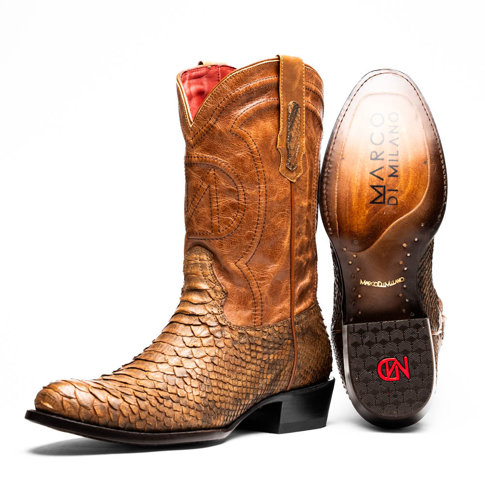 A pair of Kansas Cognac cowboy boots by Marco Di Milano in brown genuine python skin, featuring textured scales—one boot upright, the other showing the branded sole.