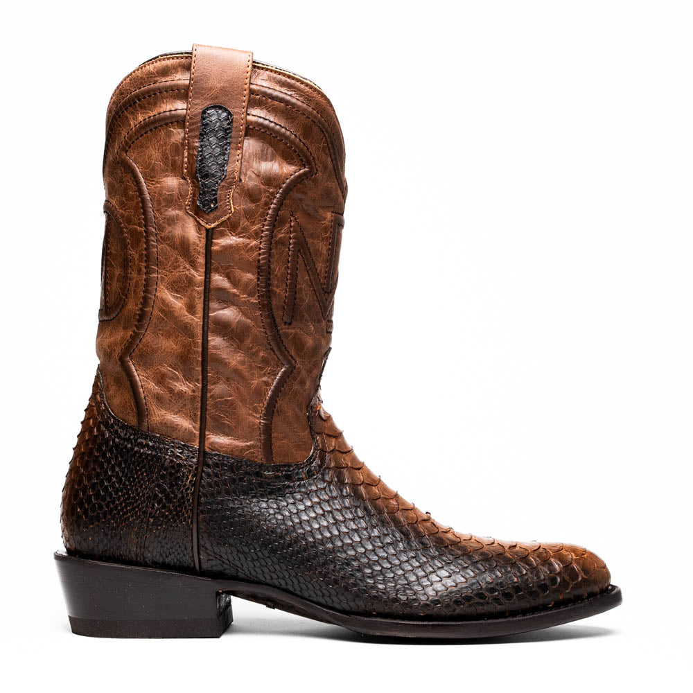A pair of Kansas Lisboa boots by Marco Di Milano in brown and black python leather, featuring textured scales; one boot stands upright while the other displays the branded sole with "Marco Di Milano" text.