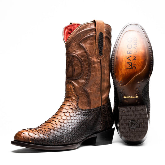 A pair of Kansas Lisboa boots by Marco Di Milano in brown and black python leather, featuring textured scales; one boot stands upright while the other displays the branded sole with "Marco Di Milano" text.