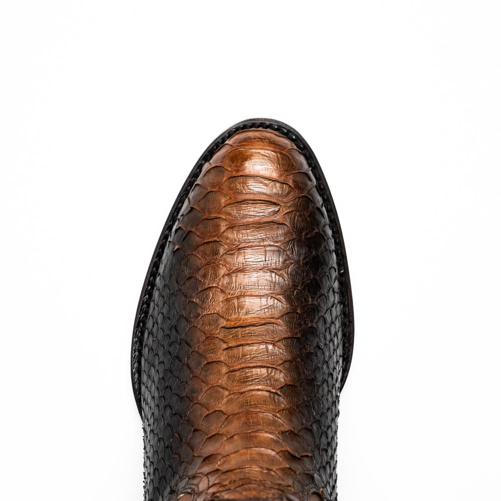 A pair of Kansas Lisboa boots by Marco Di Milano in brown and black python leather, featuring textured scales; one boot stands upright while the other displays the branded sole with "Marco Di Milano" text.
