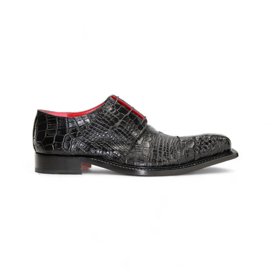 The Fennix Kingston Black by Fennix of Italy is a black dress shoe with a crocodile-patterned finish, pointed toe, red lining, leather sole, and low black heel—exquisitely crafted in Italy and shown in profile against a white background.