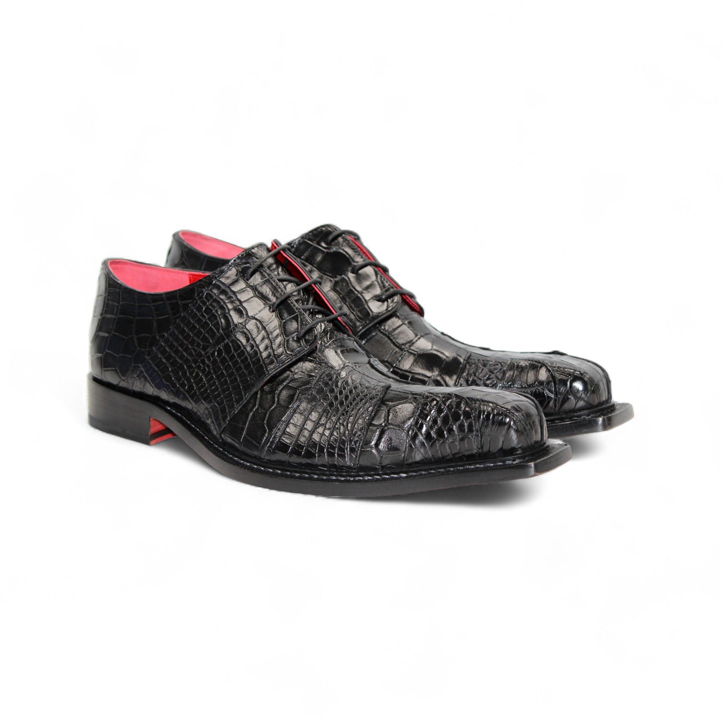 The Fennix Kingston Black by Fennix of Italy is a black dress shoe with a crocodile-patterned finish, pointed toe, red lining, leather sole, and low black heel—exquisitely crafted in Italy and shown in profile against a white background.