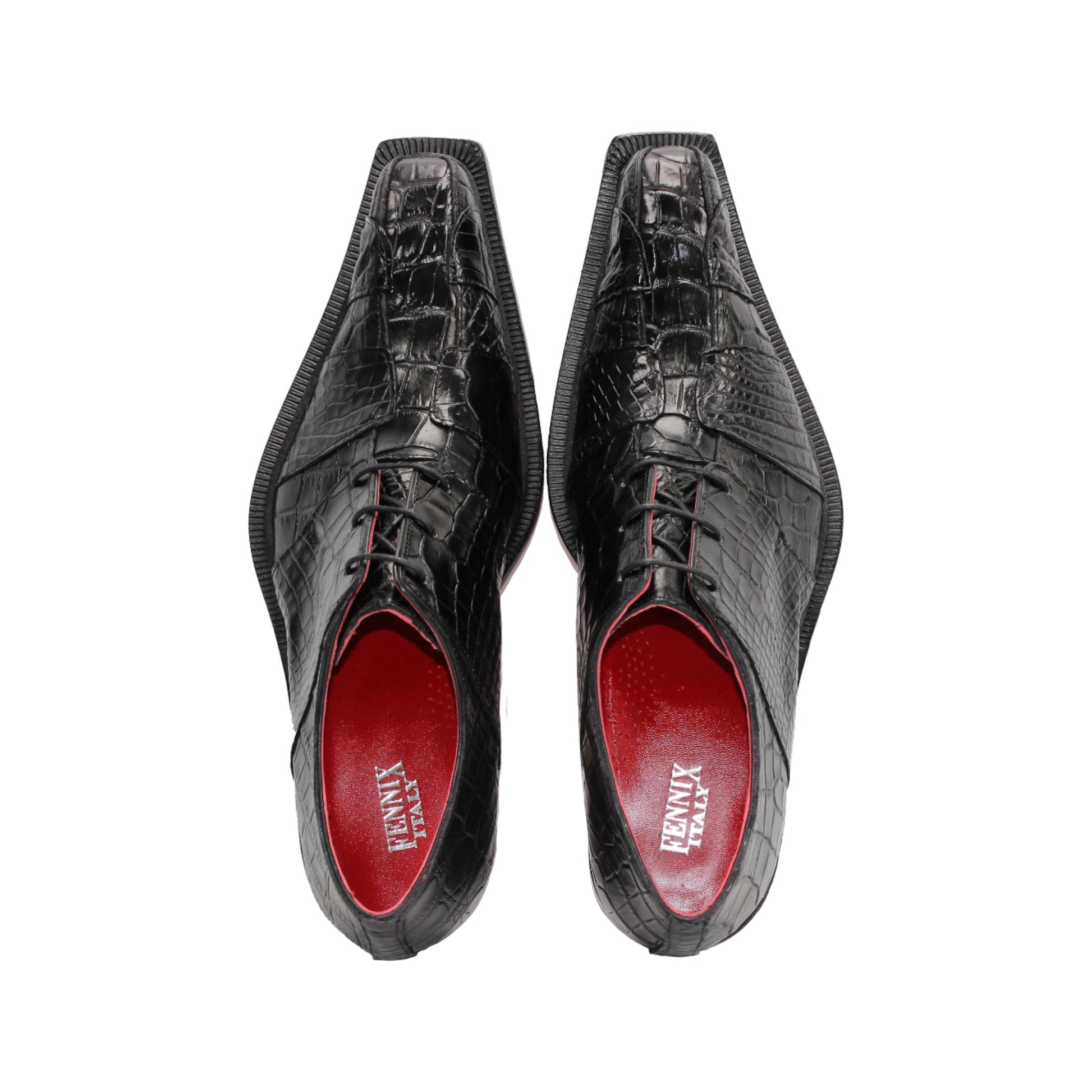 The Fennix Kingston Black by Fennix of Italy is a black dress shoe with a crocodile-patterned finish, pointed toe, red lining, leather sole, and low black heel—exquisitely crafted in Italy and shown in profile against a white background.