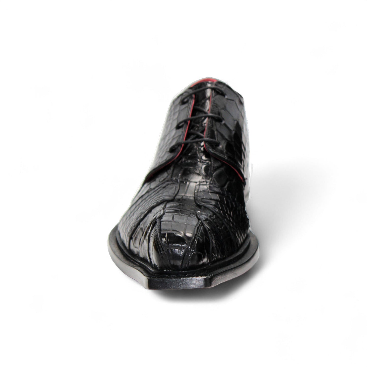 The Fennix Kingston Black by Fennix of Italy is a black dress shoe with a crocodile-patterned finish, pointed toe, red lining, leather sole, and low black heel—exquisitely crafted in Italy and shown in profile against a white background.
