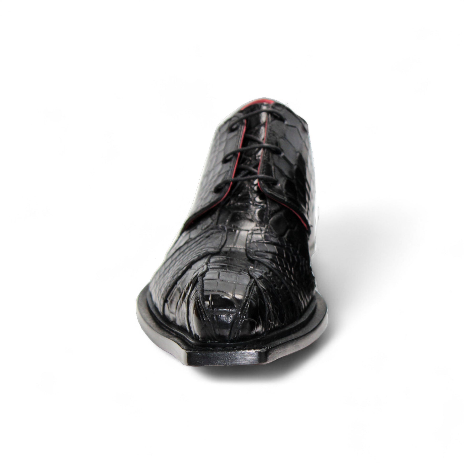 The Fennix Kingston Black by Fennix of Italy is a black dress shoe with a crocodile-patterned finish, pointed toe, red lining, leather sole, and low black heel—exquisitely crafted in Italy and shown in profile against a white background.