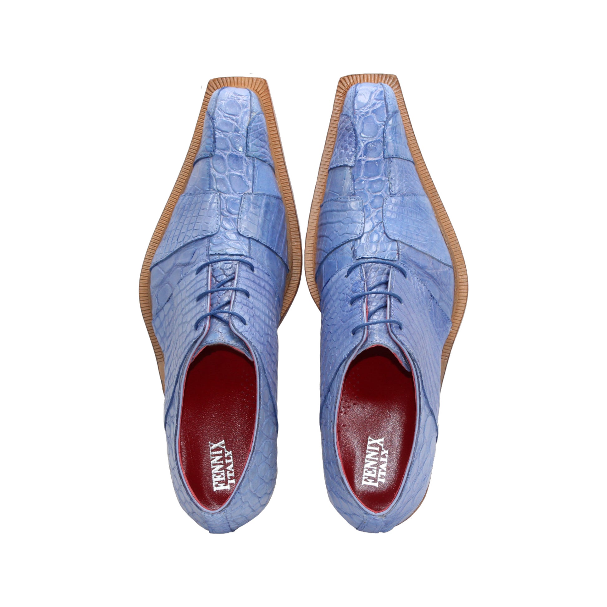 The Fennix Kingston Light Blue by Fennix of Italy is a stylish genuine alligator leather shoe with Italian craftsmanship and a wooden sole, shown from the side on a white background.