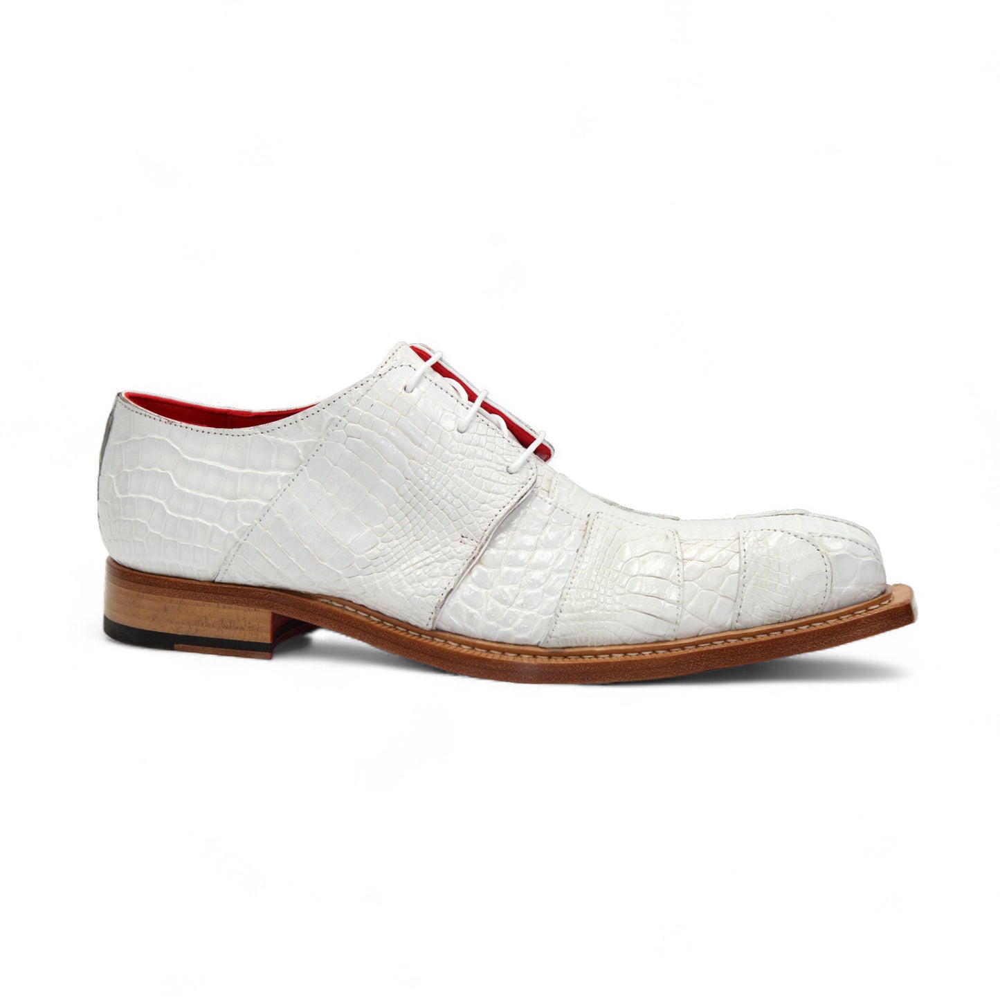The Fennix Kingston White by Fennix of Italy is a stylish shoe made from genuine alligator leather, with a white crocodile pattern, red interior lining, lace-up closure, and brown sole—displayed in side profile on a white background.