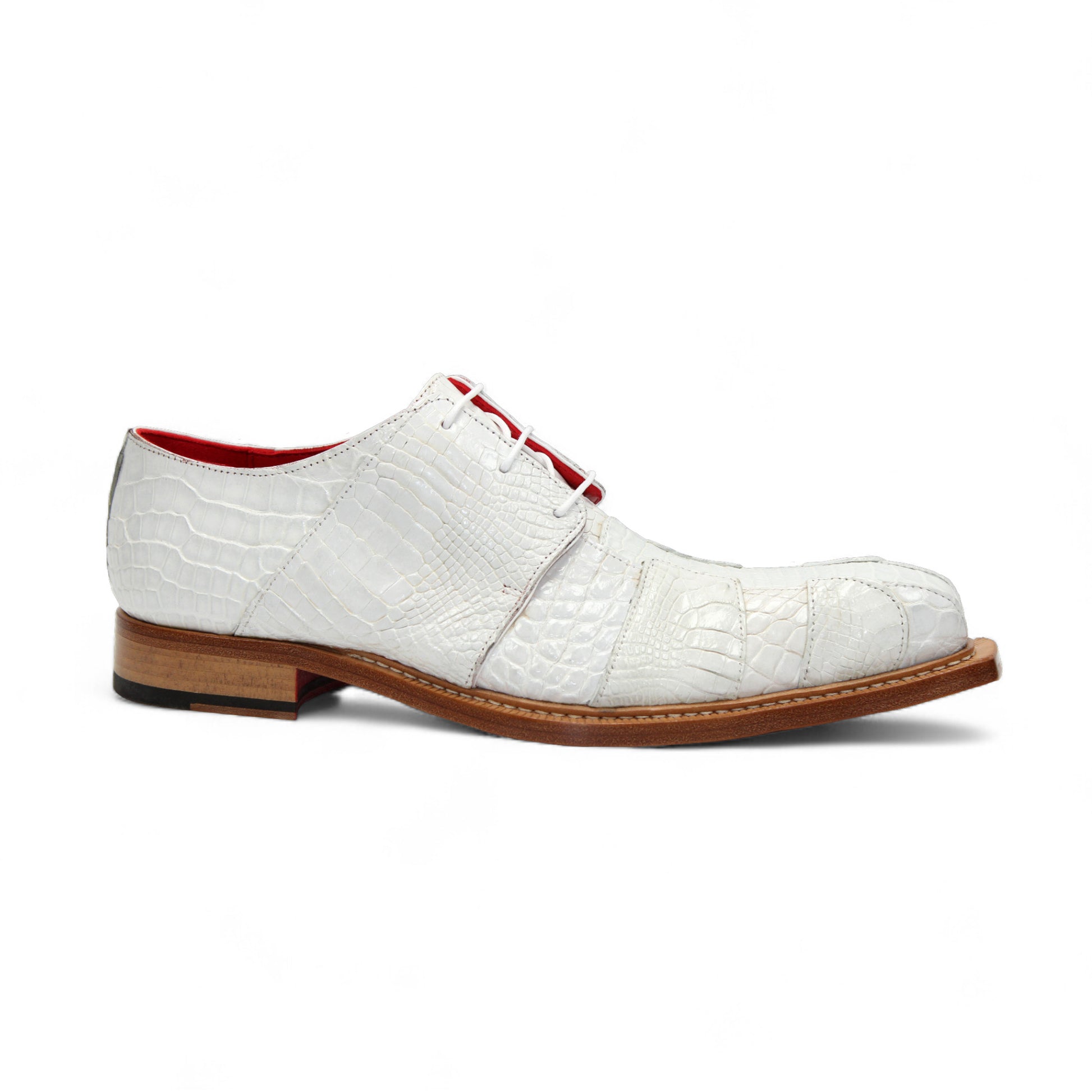 The Fennix Kingston White by Fennix of Italy is a stylish shoe made from genuine alligator leather, with a white crocodile pattern, red interior lining, lace-up closure, and brown sole—displayed in side profile on a white background.