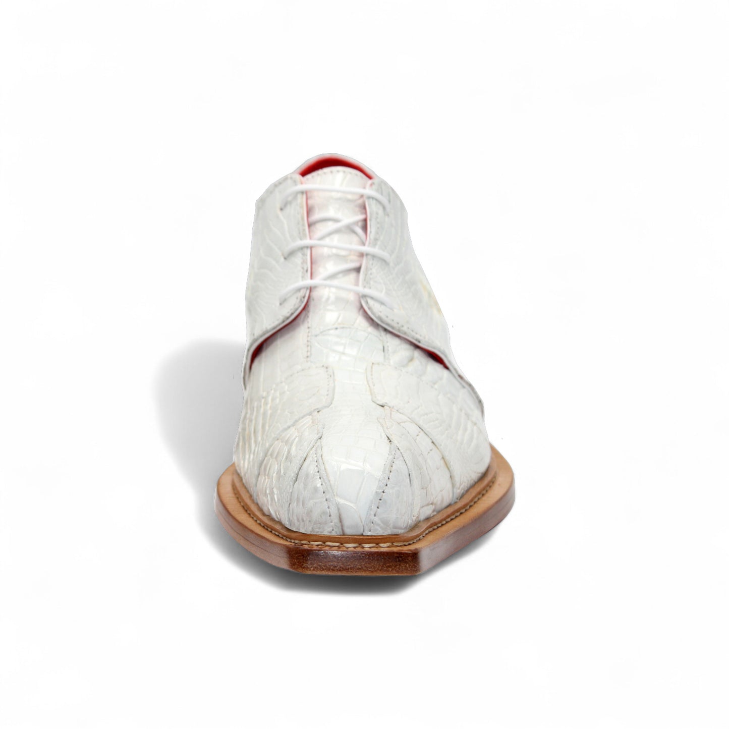 The Fennix Kingston White by Fennix of Italy is a stylish shoe made from genuine alligator leather, with a white crocodile pattern, red interior lining, lace-up closure, and brown sole—displayed in side profile on a white background.