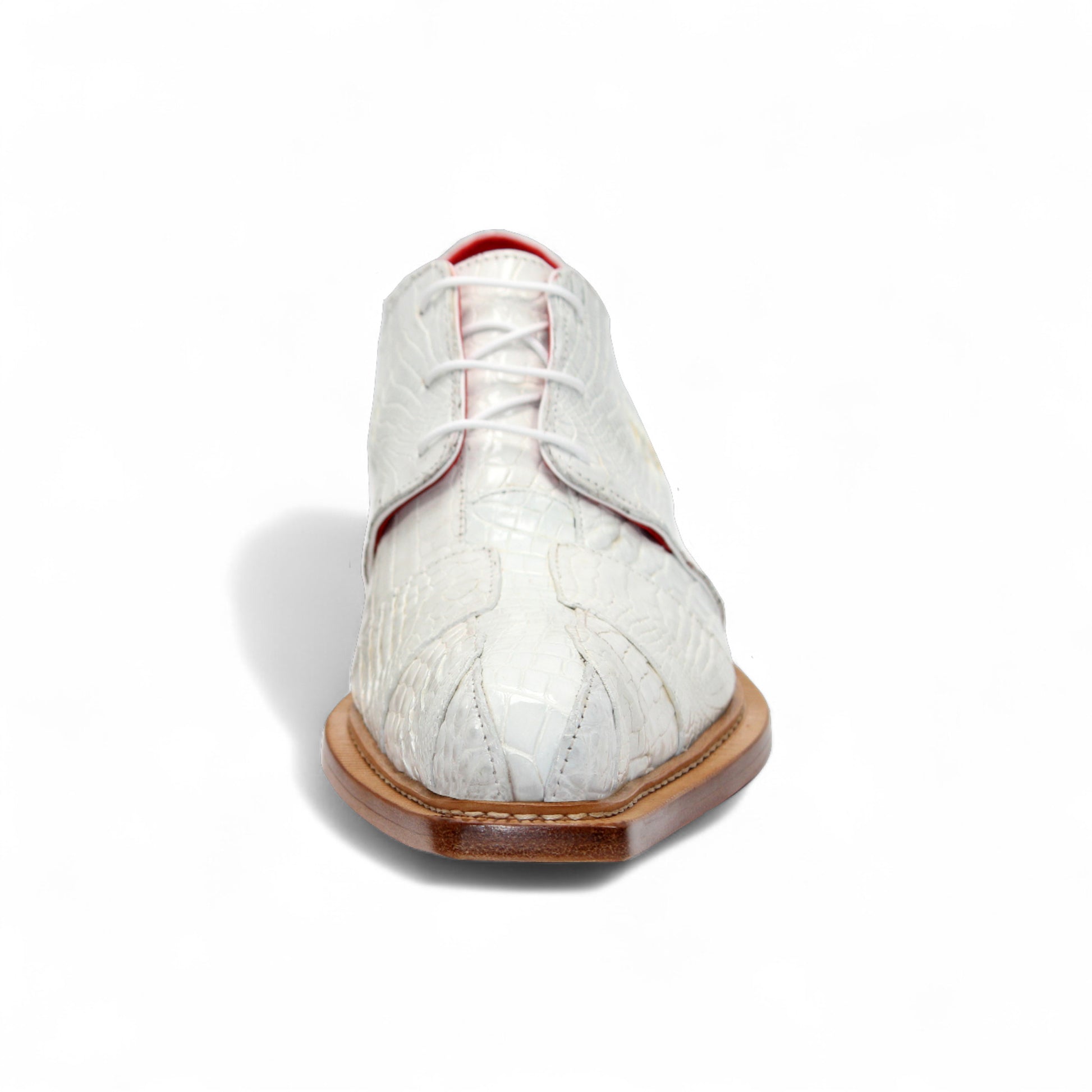 The Fennix Kingston White by Fennix of Italy is a stylish shoe made from genuine alligator leather, with a white crocodile pattern, red interior lining, lace-up closure, and brown sole—displayed in side profile on a white background.