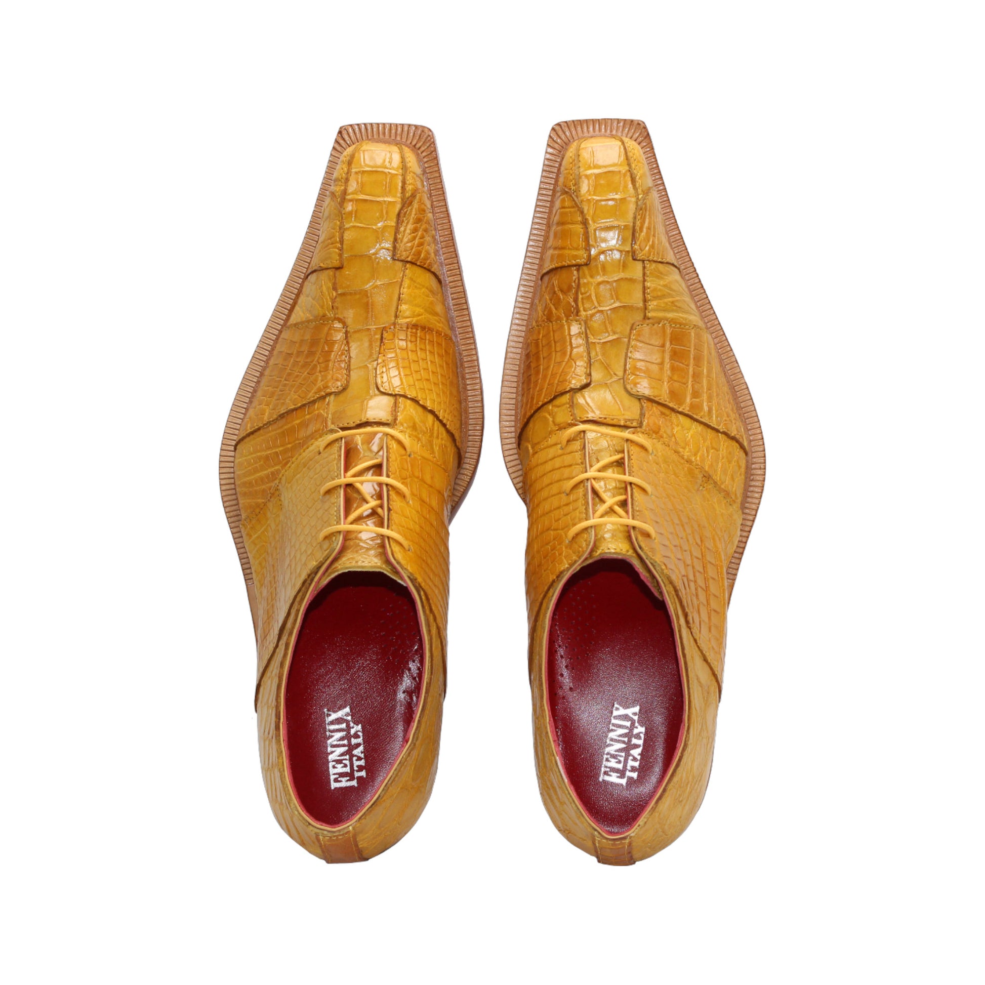 The Fennix Kingston Yellow by Fennix of Italy is a luxury men's dress shoe in yellow genuine alligator leather, with a brown sole, red inner lining, and lace-up closure. Shown in side profile on a white background, it showcases Italian craftsmanship.