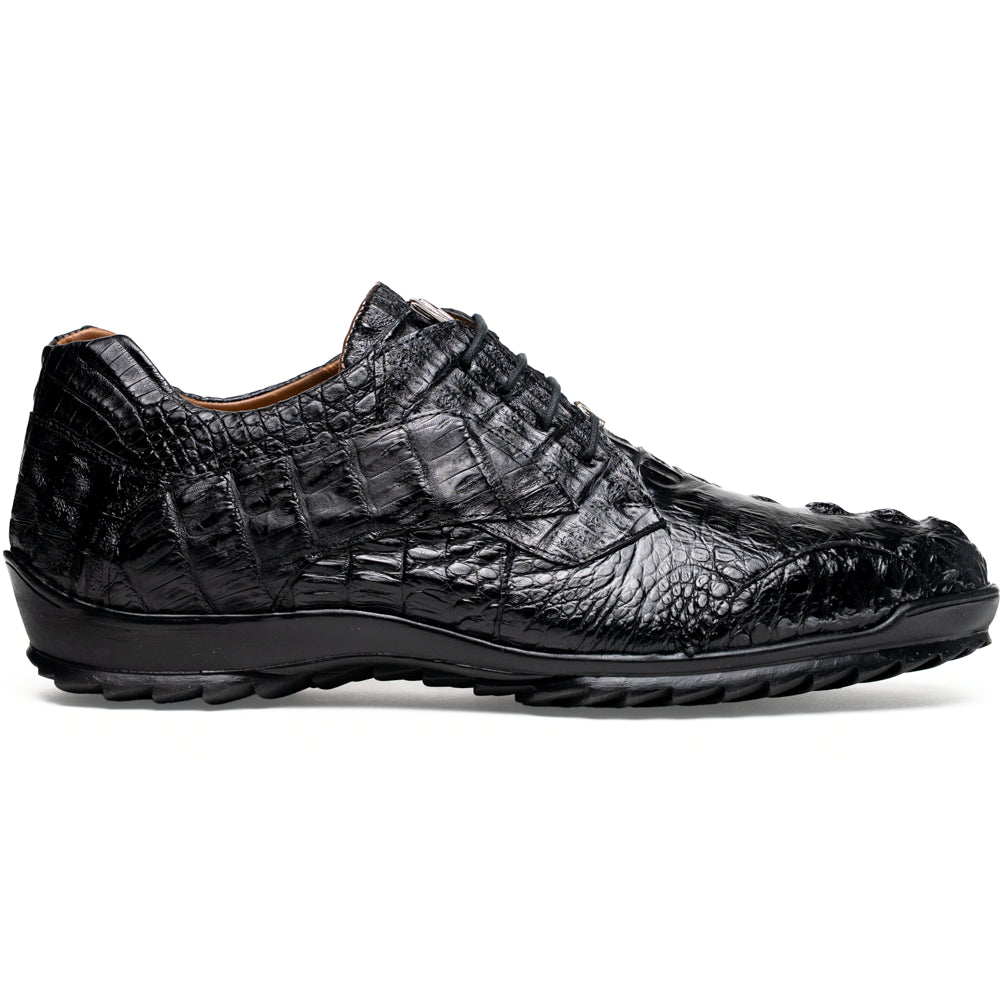 The Kratos Black by Marco Di Milano is a luxury black crocodile-patterned leather dress shoe, featuring a metal logo on the laces. Displayed with one upright and one on its side to showcase the detailed sole.