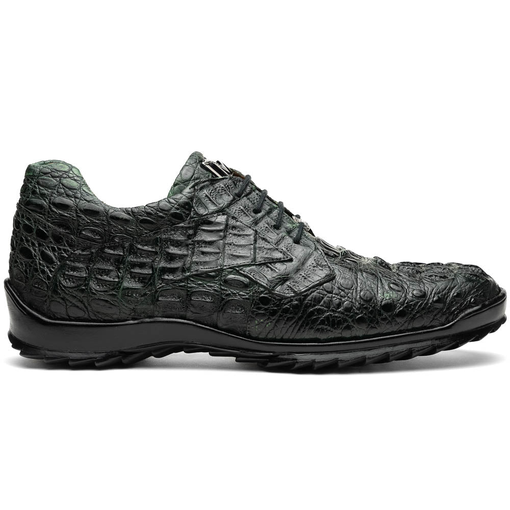 The Kratos Green by Marco Di Milano are dark green lace-up shoes crafted from textured leather with a crocodile skin pattern, black rubber soles, and a hand-painted finish for luxurious sophistication.